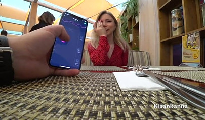 Dressed up blonde teen having an orgasm in the restaurant