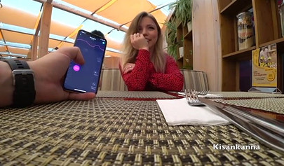 Dressed up blonde teen having an orgasm in the restaurant
