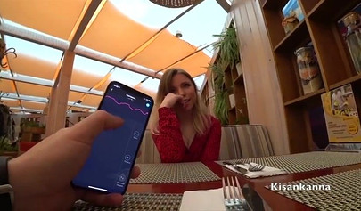 Dressed up blonde teen having an orgasm in the restaurant