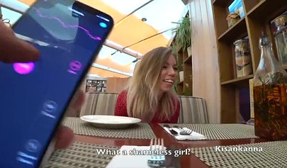 Dressed up blonde teen having an orgasm in the restaurant