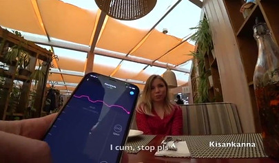 Dressed up blonde teen having an orgasm in the restaurant