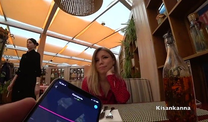 Dressed up blonde teen having an orgasm in the restaurant