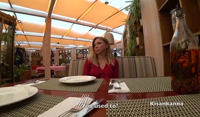 Dressed up blonde teen having an orgasm in the restaurant