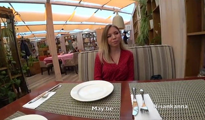 Dressed up blonde teen having an orgasm in the restaurant
