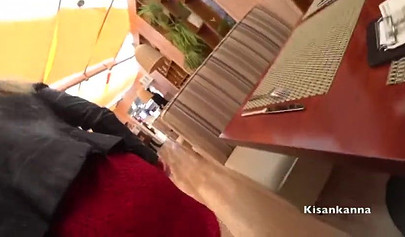 Dressed up blonde teen having an orgasm in the restaurant