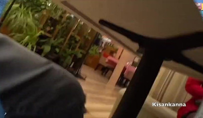 Dressed up blonde teen having an orgasm in the restaurant