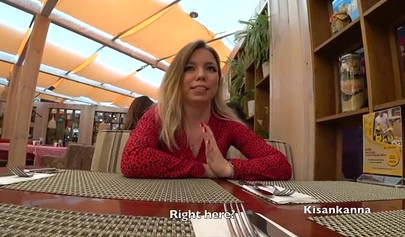 Dressed up blonde teen having an orgasm in the restaurant