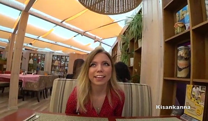 Dressed up blonde teen having an orgasm in the restaurant