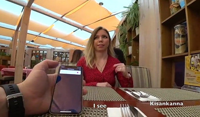 Dressed up blonde teen having an orgasm in the restaurant