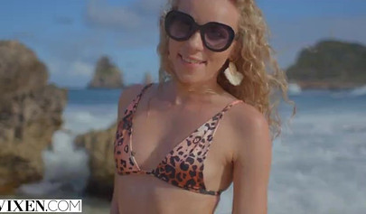 Curly haired doll Angel Emily gets her pierced pussy banged on vacation