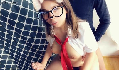 Geeky teen gets her tight pussy rubbed and dicked