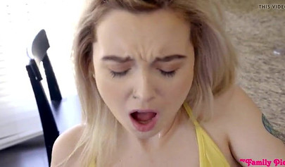 Horny blonde Lexi Lore gets her panties removed and pussy fucked by her stepbro