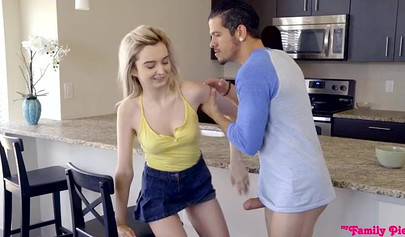 Horny blonde Lexi Lore gets her panties removed and pussy fucked by her stepbro