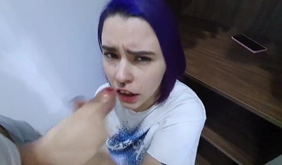 Horny purple haired teen with a big booty sucks and fucks