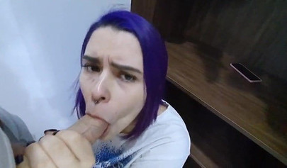 Horny purple haired teen with a big booty sucks and fucks