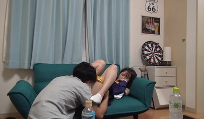 Sexy Asian teen with small tits gets her pussy licked on the couch