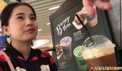 Petite Asian teen Thais Dumont sucking and milking cock on webcam