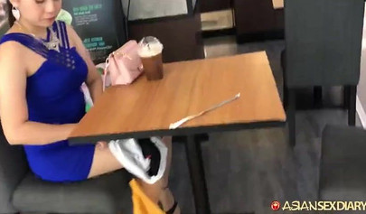 Petite Asian teen Thais Dumont sucking and milking cock on webcam