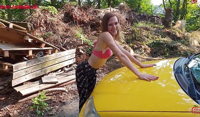 Horny German brunette got her pussy drilled on the car in public