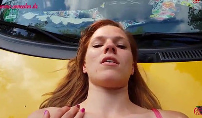 Horny German brunette got her pussy drilled on the car in public