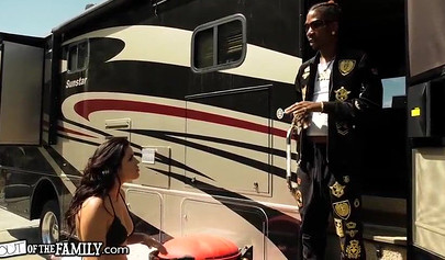 Slutty brunette teen Monica Sage milking a big black cock