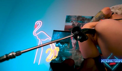 Gorgeous blonde Mykinkydope in cosplay strokes her pussy with big dildo