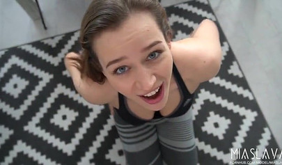 Russian vixen in yoga pants enjoys a warm creampie