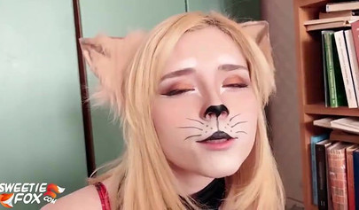 Horny kitten in fishnets rammed in a kinky cosplay