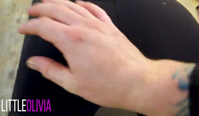 Tight brunette in yoga pants gets jizz on her ass