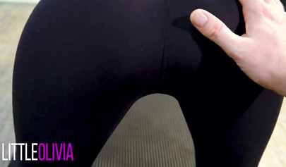 Tight brunette in yoga pants gets jizz on her ass