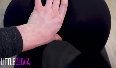 Tight brunette in yoga pants gets jizz on her ass