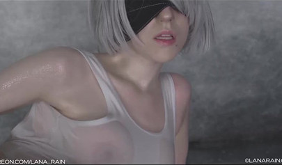 Blindfolded blonde in stockings masturbating with a glass dildo