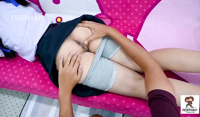 Thai chick with small tits riding a throbbing shaft