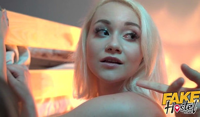 Chubby girl with glasses and Sofia Lee threesome in hostel