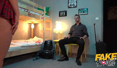 Chubby girl with glasses and Sofia Lee threesome in hostel