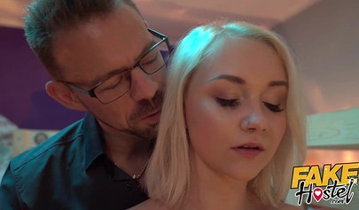 Chubby girl with glasses and Sofia Lee threesome in hostel