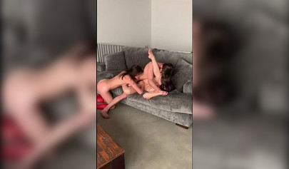 Busty brunette in red socks fucking two big-dicked studs