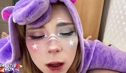 Sexy unicorn babe blows a cock and gets drilled doggystyle