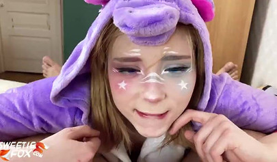 Sexy unicorn babe blows a cock and gets drilled doggystyle
