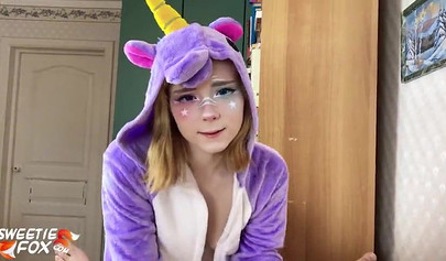 Sexy unicorn babe blows a cock and gets drilled doggystyle