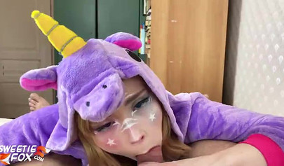 Sexy unicorn babe blows a cock and gets drilled doggystyle