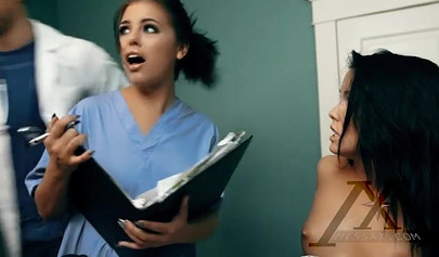 Naughty brunette lesbian Adriana Chechik fucking Megan Rain in missionary