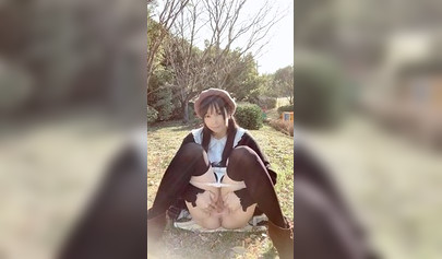 Horny Asian brunette stroking her pussy and squirting in public