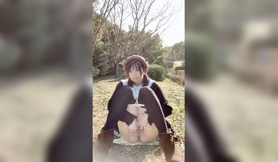 Horny Asian brunette stroking her pussy and squirting in public