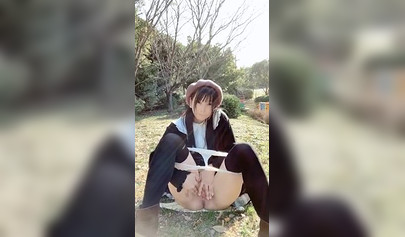 Horny Asian brunette stroking her pussy and squirting in public