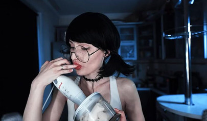 Petite brunette teen asmr cooking banana on webcam