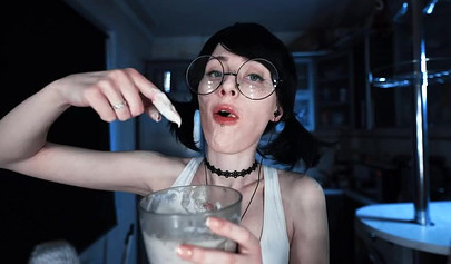 Petite brunette teen asmr cooking banana on webcam