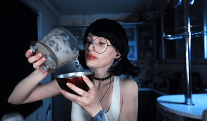 Petite brunette teen asmr cooking banana on webcam