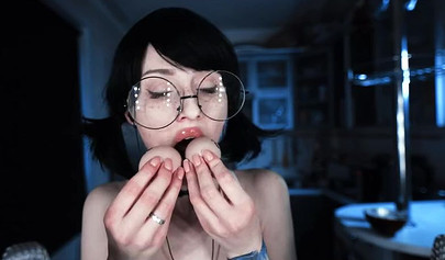 Petite brunette teen asmr cooking banana on webcam