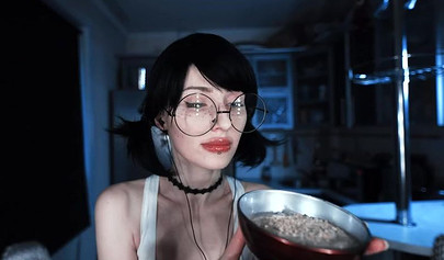 Petite brunette teen asmr cooking banana on webcam
